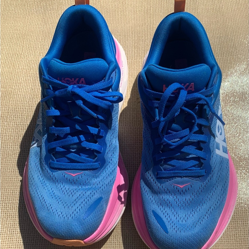 Hoka Blue and Pink Athletic Shoes with Gradient Design